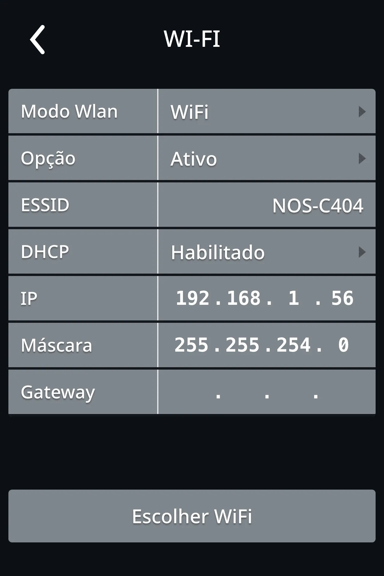 Ecrã com o IP e a Máscara atribuídos