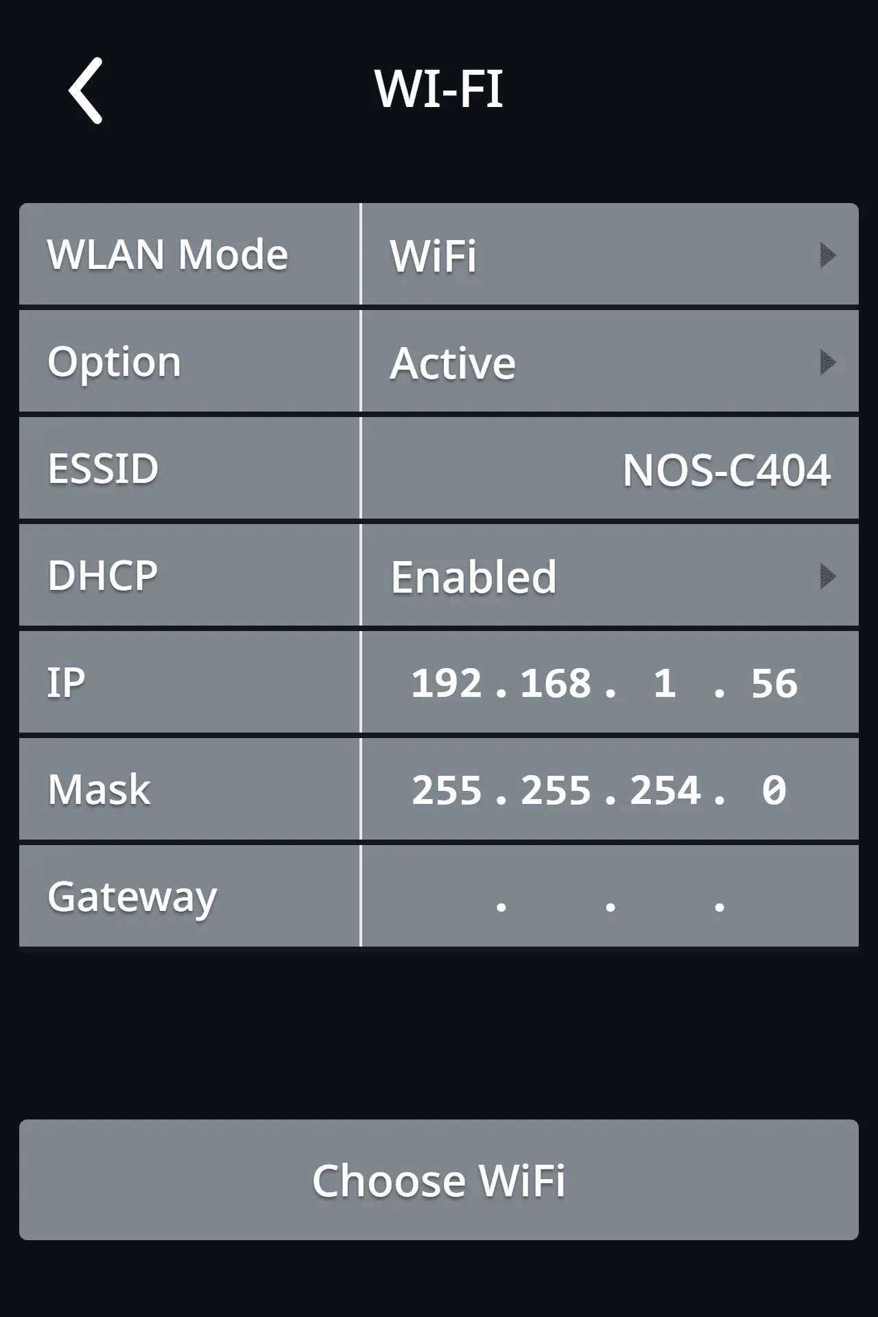 Screen with the assigned IP and Mask