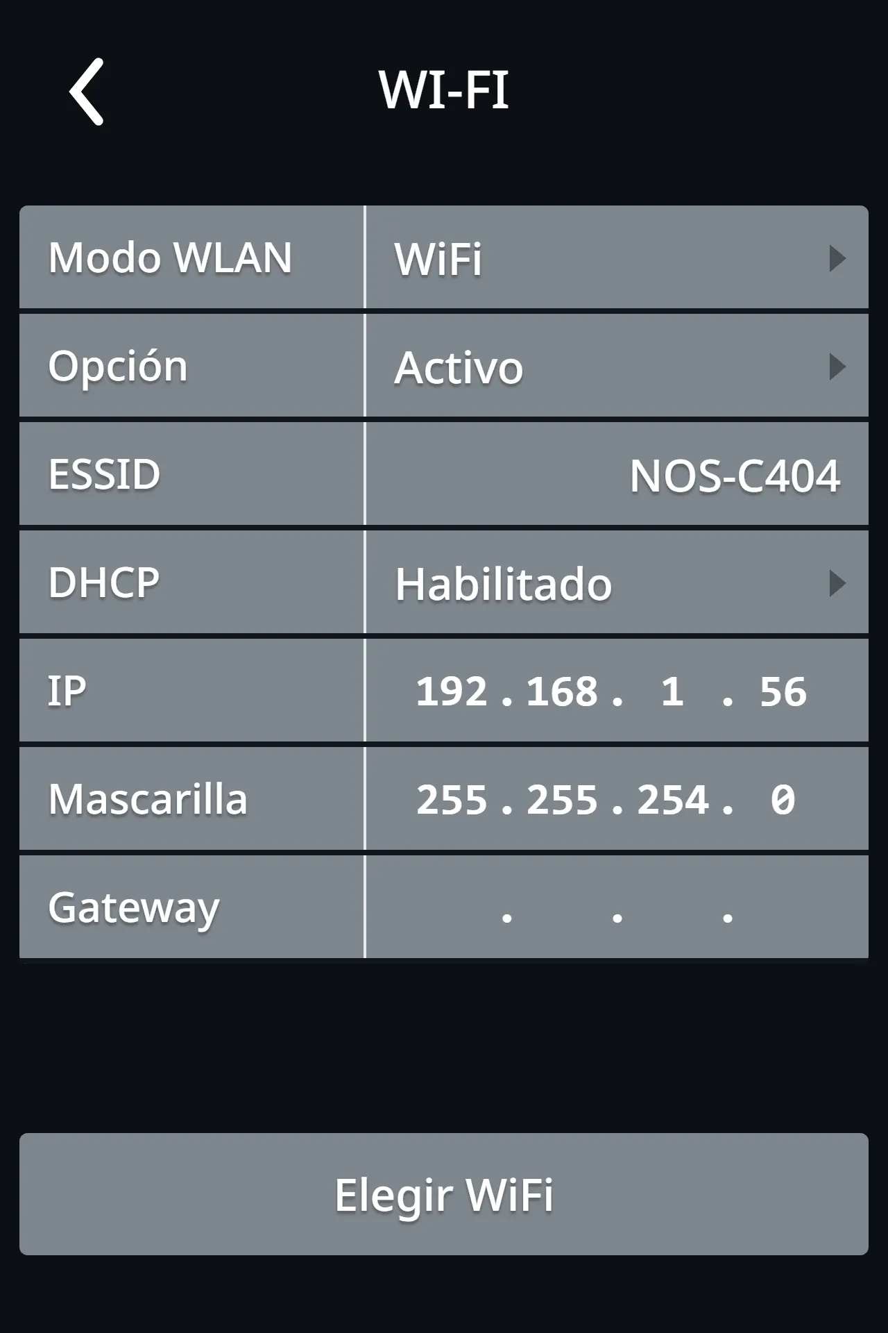 Pantalla con la IP y la Máscara asignadas