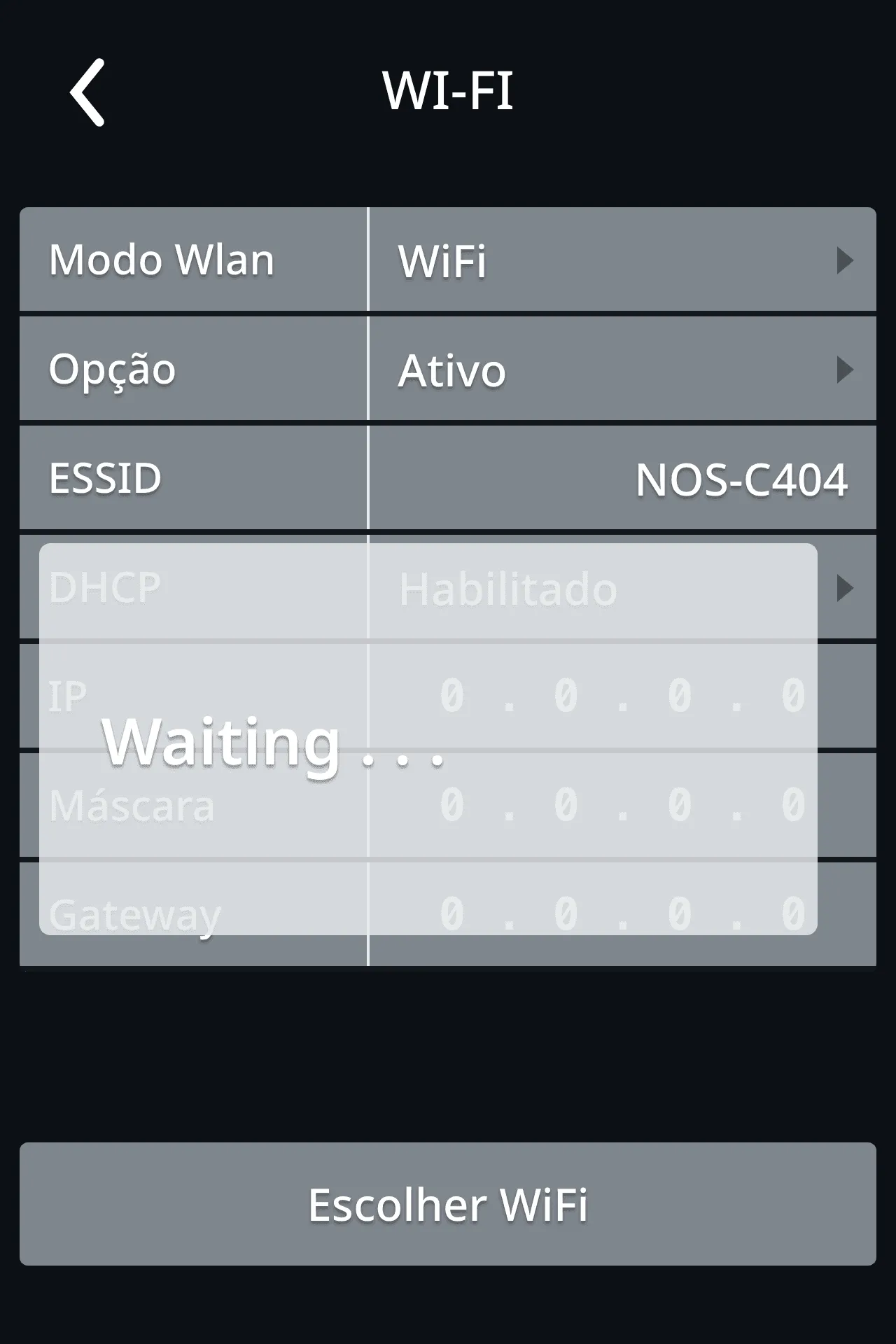 Ecrã Waiting enquanto liga ao WiFi