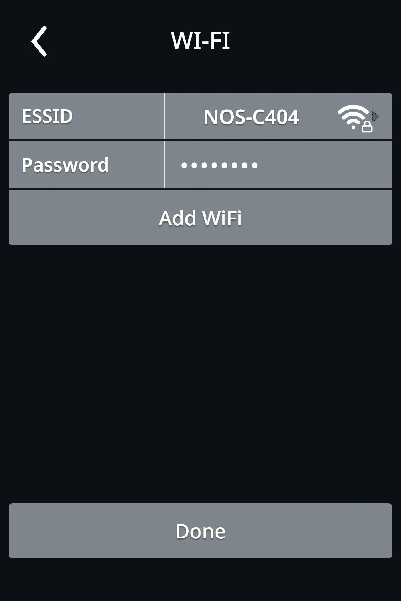 ESSID and password filled in, with the Done button
