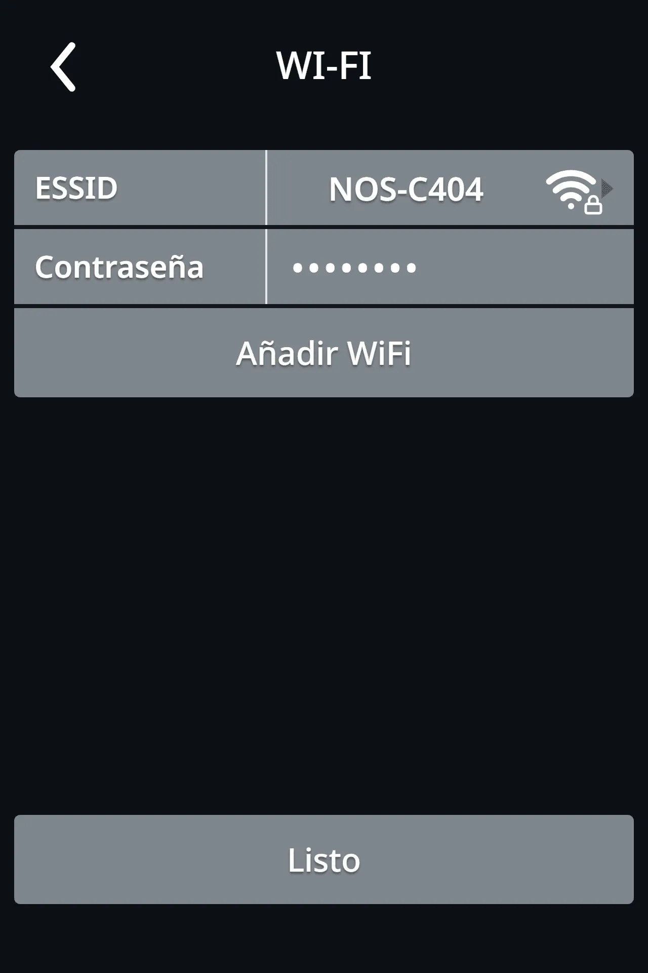 ESSID y contraseña rellenados, con el botón Listo