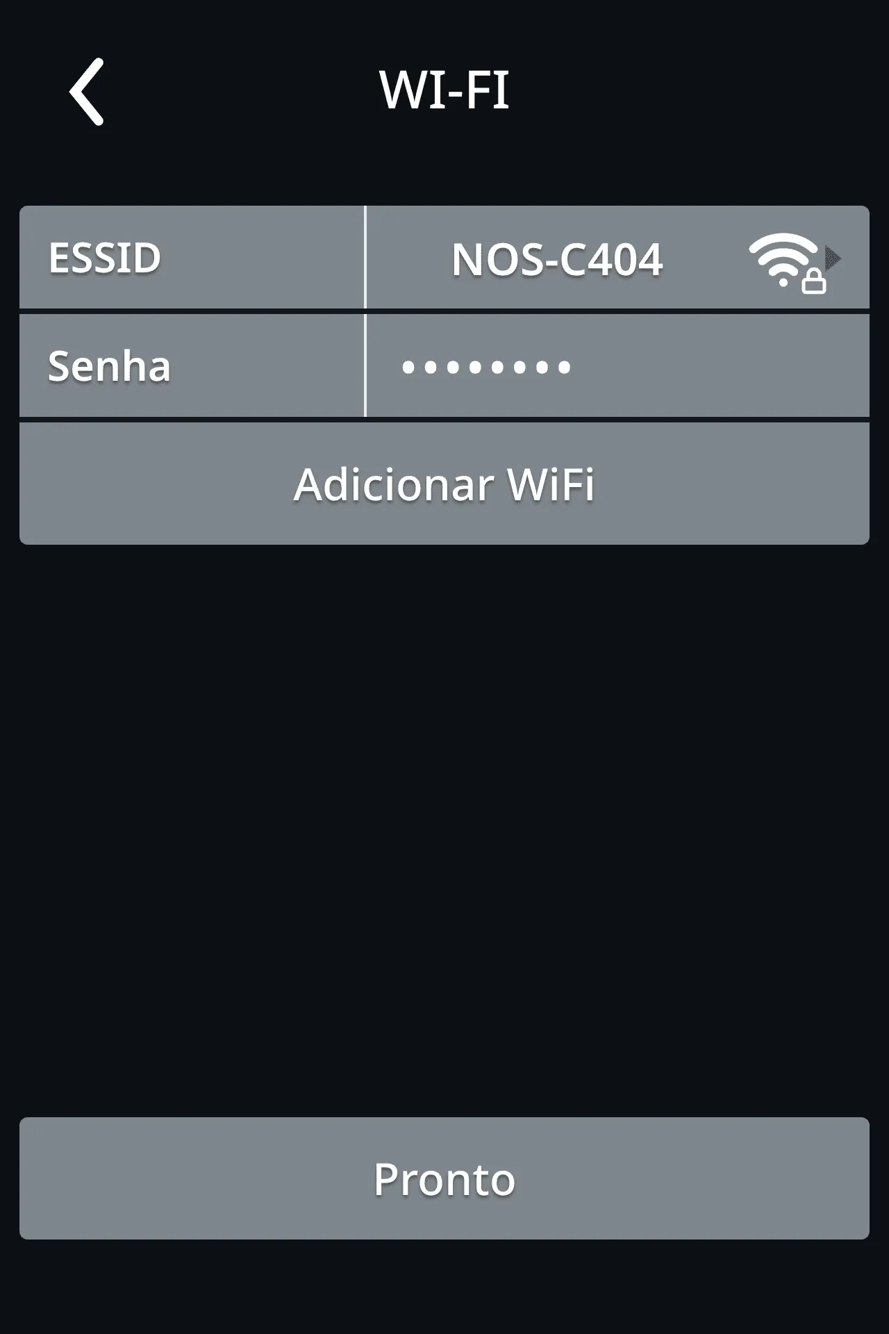 ESSID e senha preenchidos, com o botão Pronto