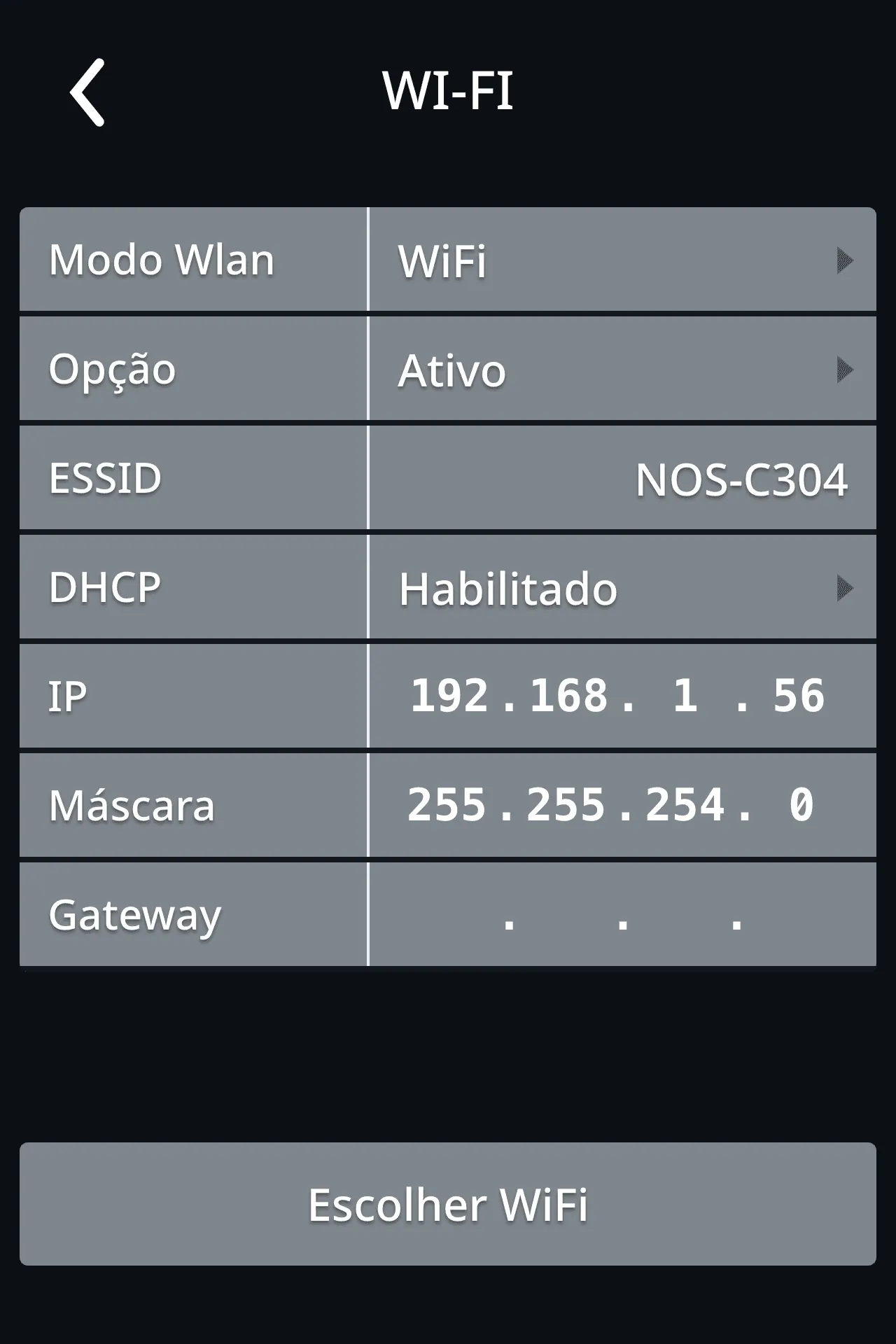 Ecrã WI-FI com Modo Wlan, Opção, ESSID, DHCP, IP, Máscara e Gateway