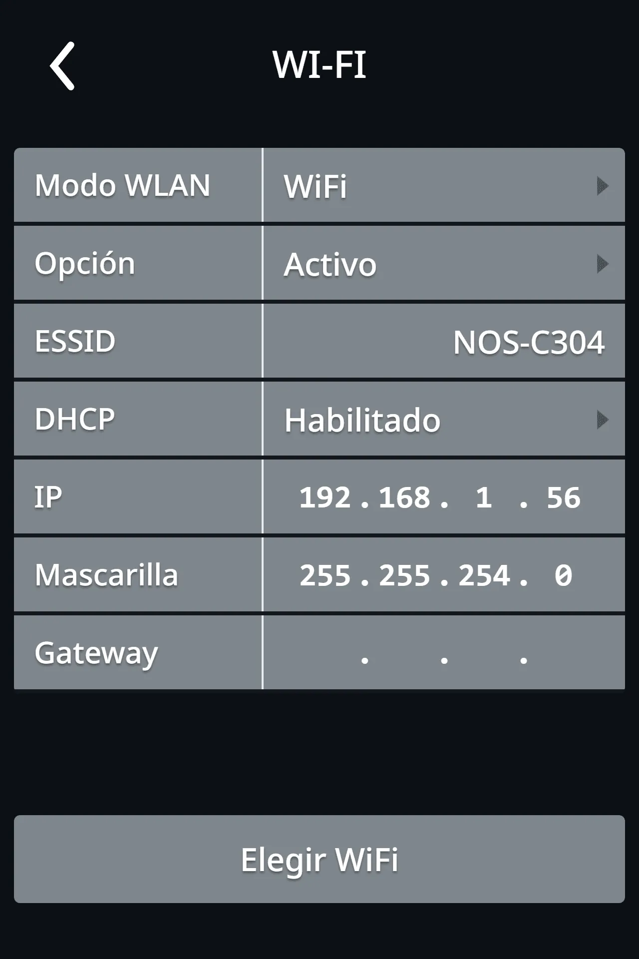 Pantalla WI-FI con Modo Wlan, Opción, ESSID, DHCP, IP, Máscara y Gateway